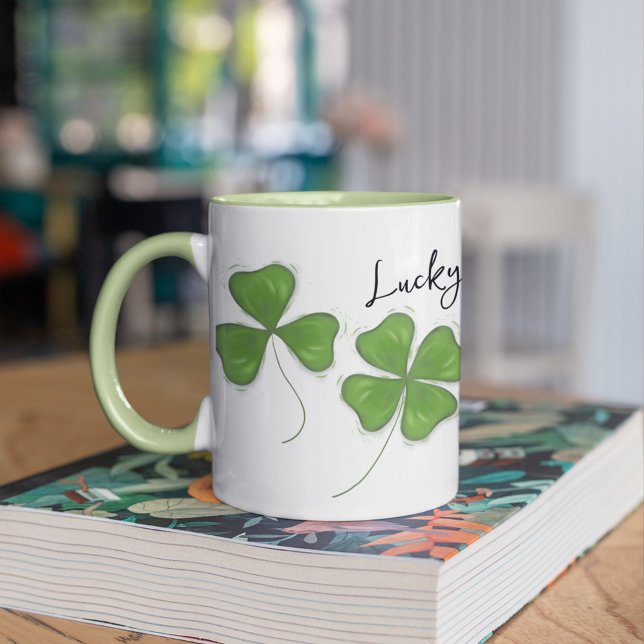Mug Cute Green Four Leaf Clover Personnalisé (Four leaf clover two toned custom mug)