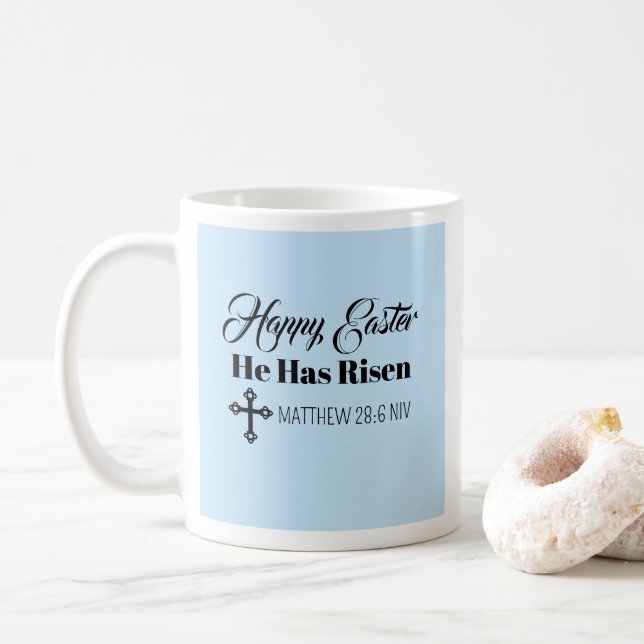 Mug Cute Happy Easter He Has Risen Bible Verse Blue (Avec donut)