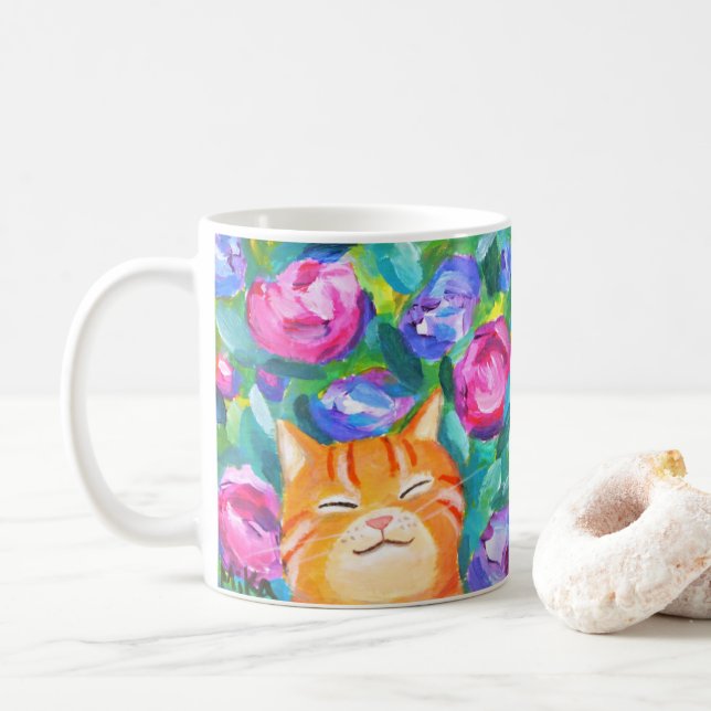 Mug Cute Happy Orange Tabby Chat avec Fleurs Amoureux  (Avec donut)