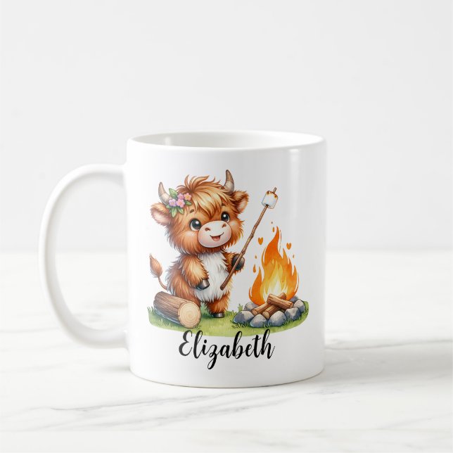 Mug Cute Highland Cow Roasting Marshmallow Nom personn (Gauche)