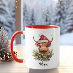 Mug Cute Highland Cows Calf Noël Père Noël Plaid Casqu