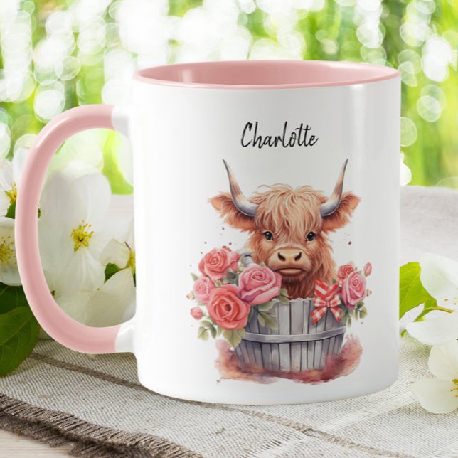Mug Cute Highland Vache rose Floral Aquarelle personna (Créateur téléchargé)