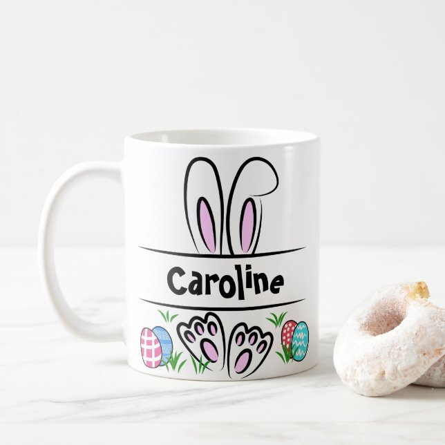 Mug Cute Kawaii Bunny Visage Nom personnalisé Pâques (Avec donut)