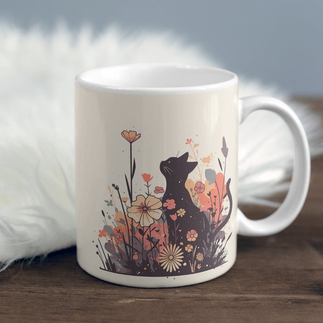 Mug Cute Kawaii Chat dans le champ plein de fleurs (Créateur téléchargé)