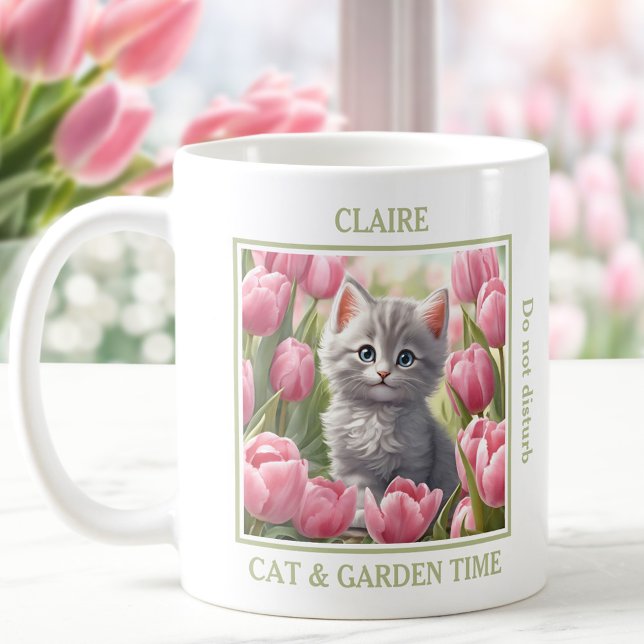 Mug Cute Kitty Tulips rose Nom de l'Amoureux des chats (Cute Kitty Pink Tulips Cat Lover Name Spring Coffee Mug)