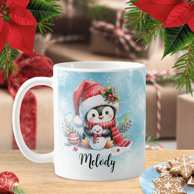 Mug Cute Penguin Bleu et Rouge Nom personnalisé Noël (Créateur téléchargé)