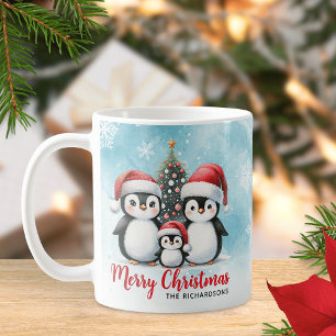 Mug Cute Penguin Famille Bleu Rouge Joyeux Noël