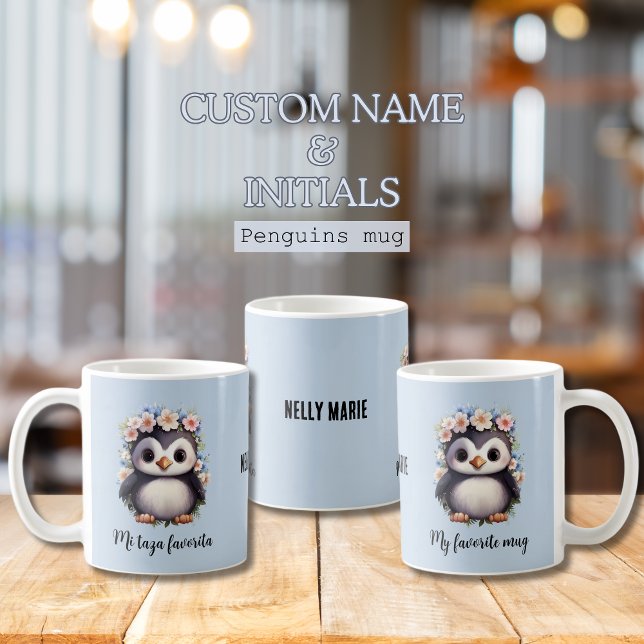 Mug Cute Penguins Bilingue mi taza favorita Espagnol (Blue Custom name & initials Penguins mug, bilingual text, mi taza favorita. Multilingual Project)