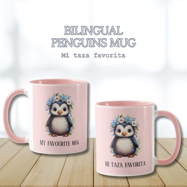 Mug Cute Penguins rose Personnalisé Texte bilingue (Pink Bilingual penguins mug. Mi taza favorita, Spanish. my favourite mug. Multilingual Project.)