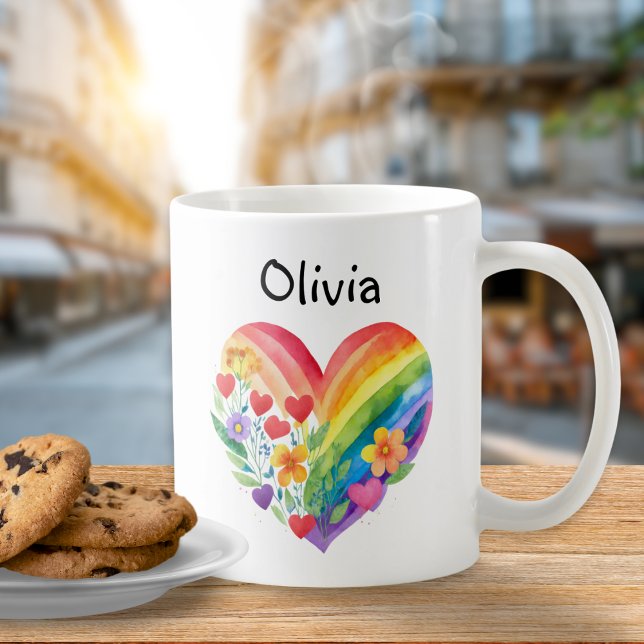 Mug Cute Rainbow Heart Nom personnalisé (A cute personalized mug with rainbow heart design)