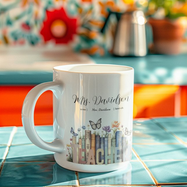 Mug Cute Rainbow Librairie & Livres Enseignant Monogra (Créateur téléchargé)