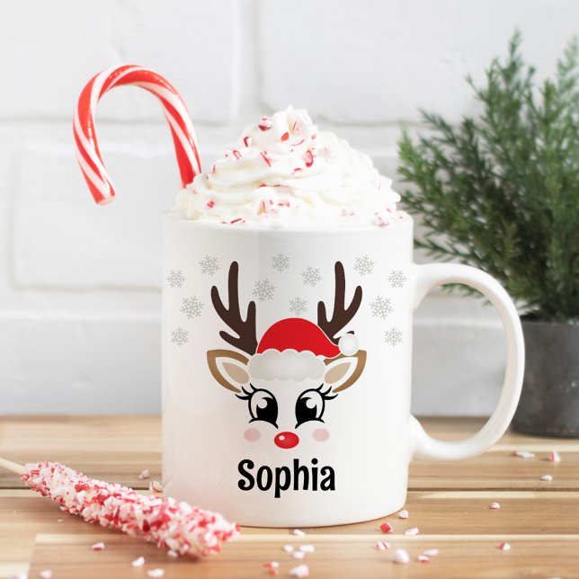Mug Cute Reindeer Girl Santa Hat Nom personnalisé Noël (Créateur téléchargé)
