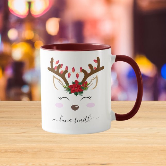 Mug Cute Reindeer Joyeux Noël Cadeau Maroon Café (Créateur téléchargé)