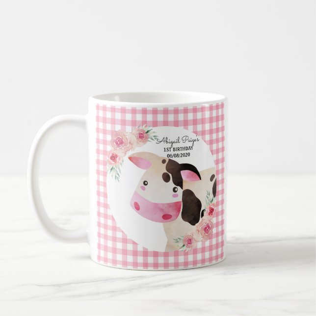Mug Cute Rose En vichy Floral Vache Animal de ferme (Gauche)