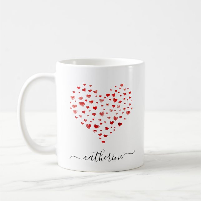 Mug Cute Simple Rouge Aquarelle Coeur Nom (Gauche)