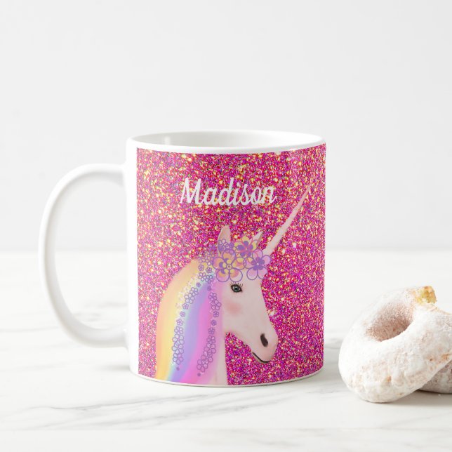 Mug Cute Unicorn Parties scintillant rose Personnalisé (Avec donut)
