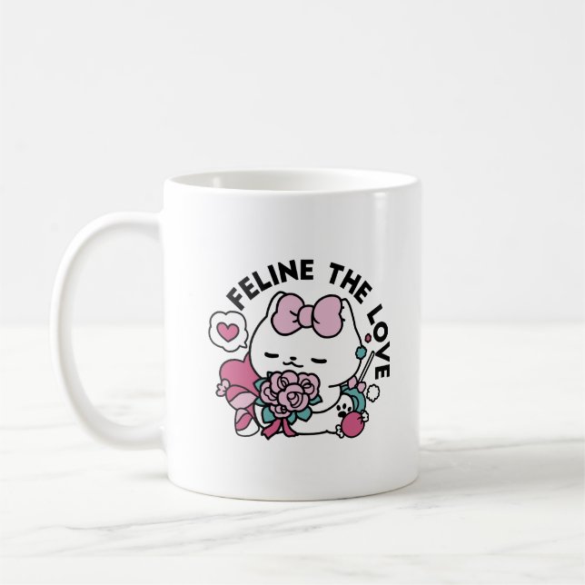 Mug Cute Valentine's Cat Design - Feline the Love (Gauche)
