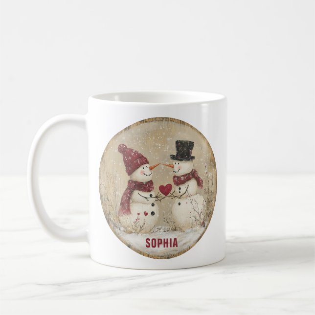 Mug Cute Winter Snowman Heart Add Name (Gauche)