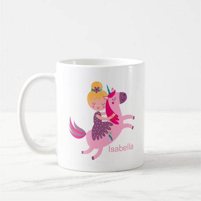 Mug Cute Yellow Haired Girl équitation sur une licorne (Gauche)