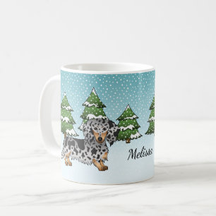Mug Dachshund à longs poils noir et tan panaché en hiv