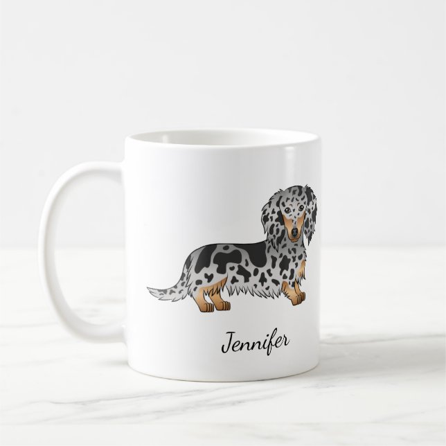 Mug Dachshund à poil long noir et tan panaché & Nom (Gauche)