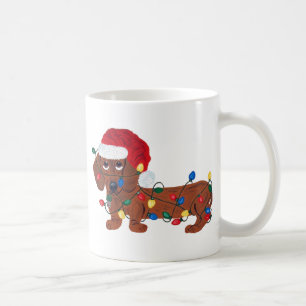 Mug Dachshund empêtré dans les lumières de Noël (Rouge