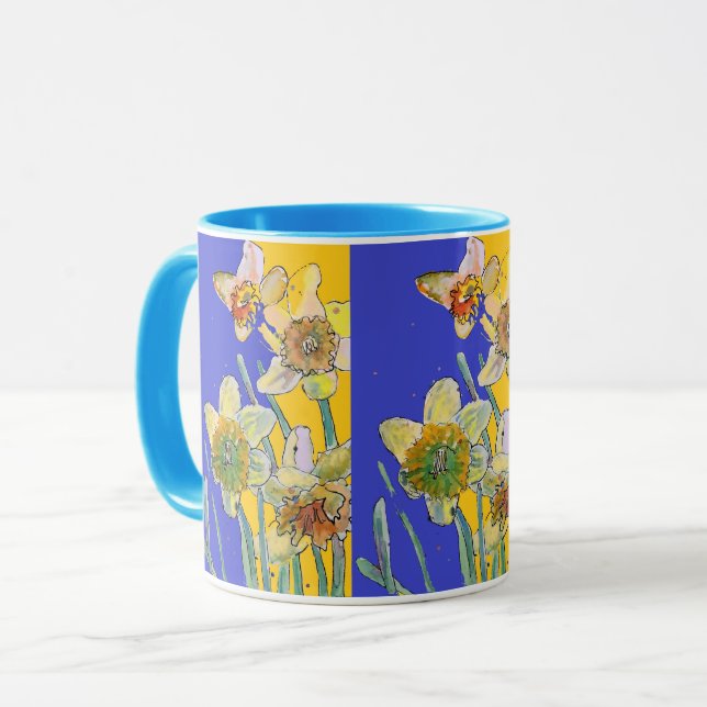 Mug Daffodil Peinture Aquarelle Jaune Bleu floral Mu (Devant gauche)