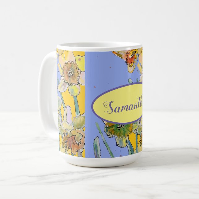 Mug Daffodil Peinture Aquarelle Jaune Violet fleuri (Devant gauche)