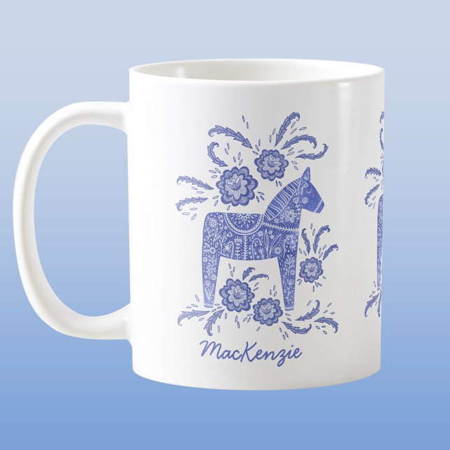 Mug Dala suédois Cheval bleu Personnalisé (Swedish Dala horse blue and white personalized custom name coffee mug)