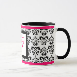 Mug DAMASK MONOGRAM, rose Fuchsia noir blanc floral