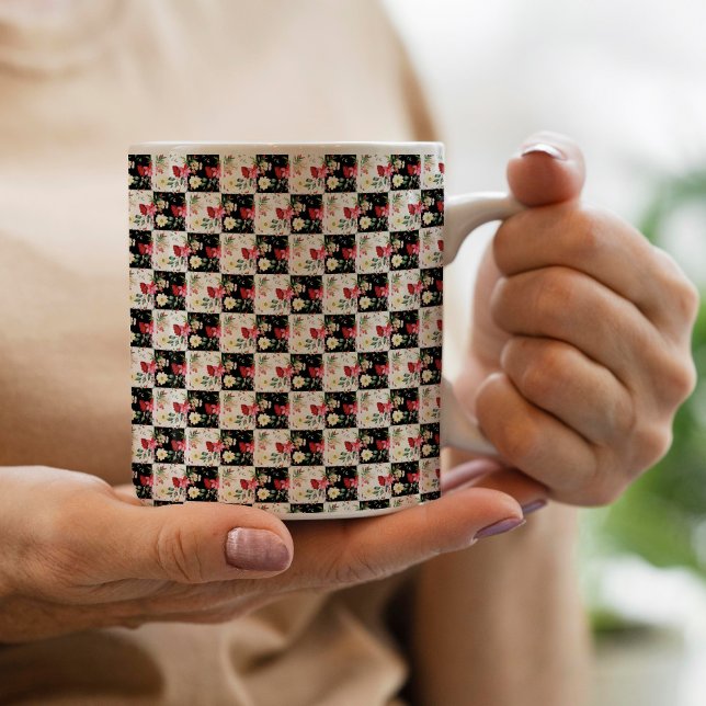 Mug damier noir et blanc Floral Rose unique (Créateur téléchargé)