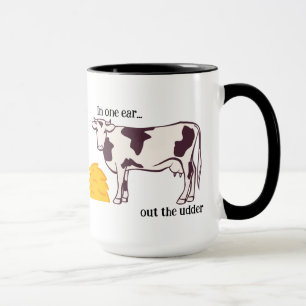 Mug "Dans une oreille..." Vache à pun personnalisable 