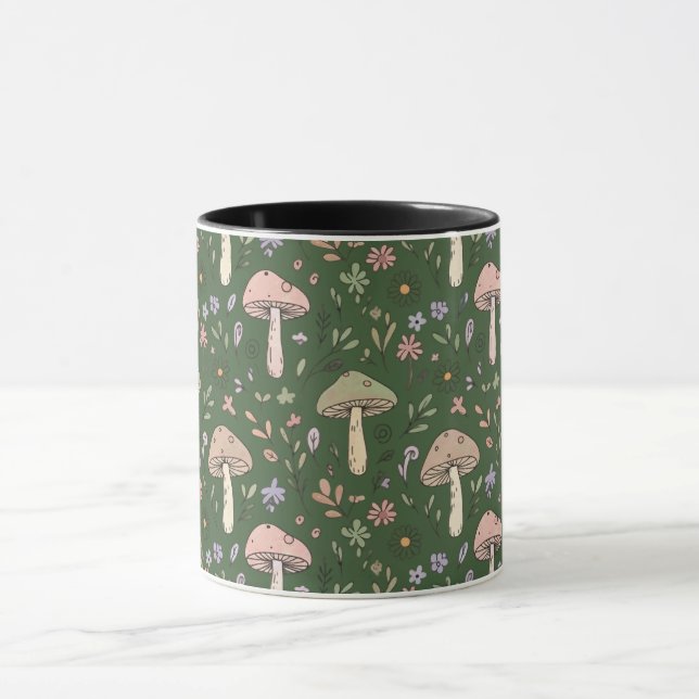 Mug Dark Hunter Green Moody Fungi Seamless Pattern (Centre)