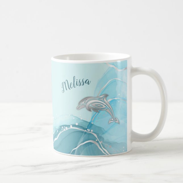 Mug Dauphins argentés Vague Côtière Votre nom (Droite)