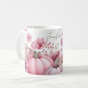 Mug d'automne avec Citrouilles roses et fleurs
