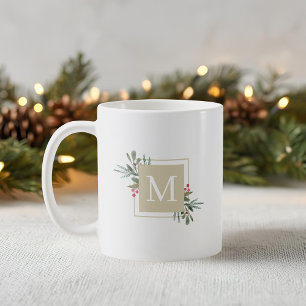 Mug de café à monogramme avec botaniques de Noël