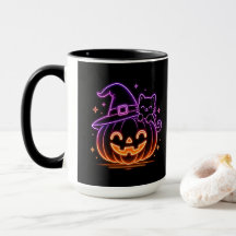 Mug de café avec chat et citrouille Halloween néon