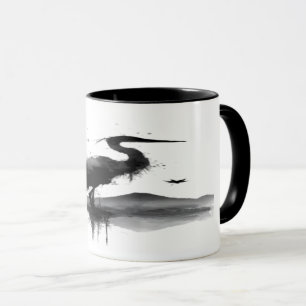 Mug de Café d'Art Zen Grue Sumi-e Japonaise