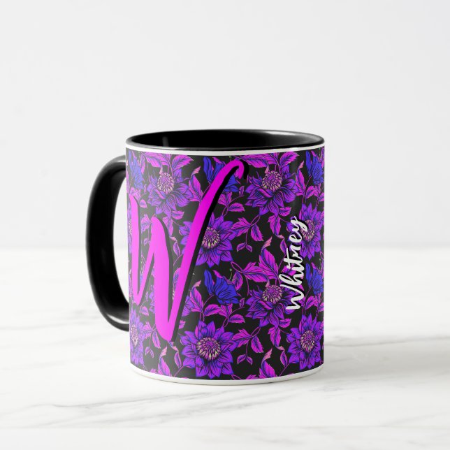 Mug de café Floral noir aux fleurs violettes roses (Devant gauche)