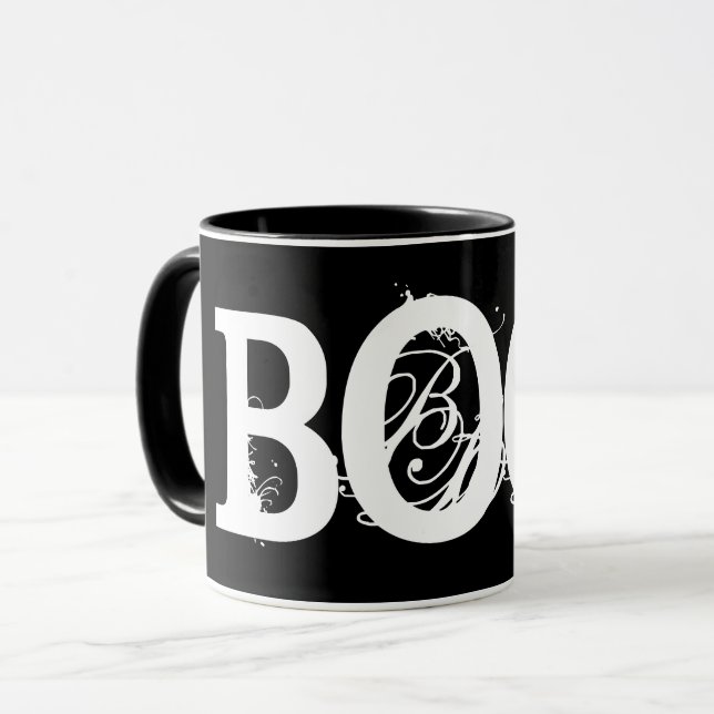 Mug de café Halloween "BOO!" noir (Devant gauche)