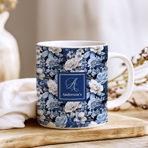 Mug de café personnalisé avec fleurs blanches bleu