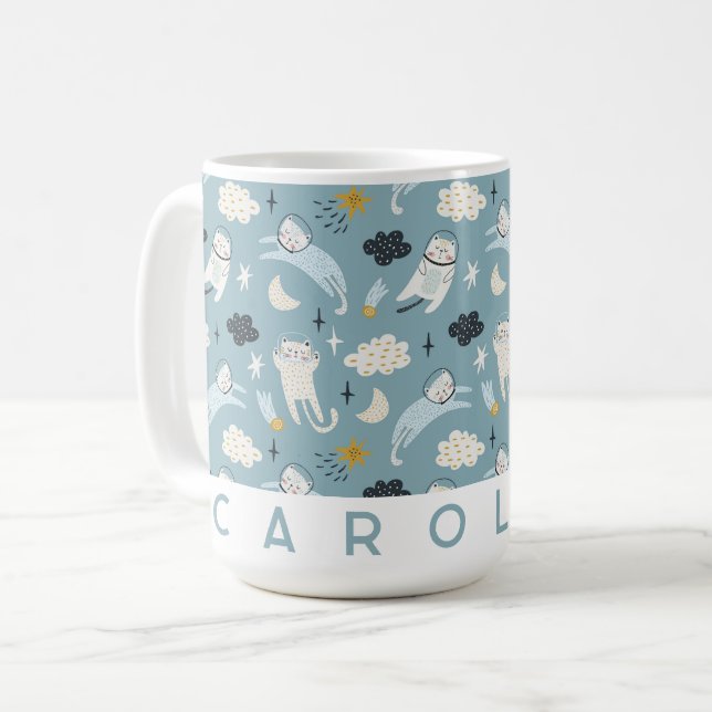 Mug de chats spatiaux personnalisés | Nom personna (Devant gauche)