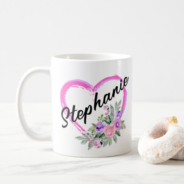 Mug de coeur floral personnalisé (Avec donut)