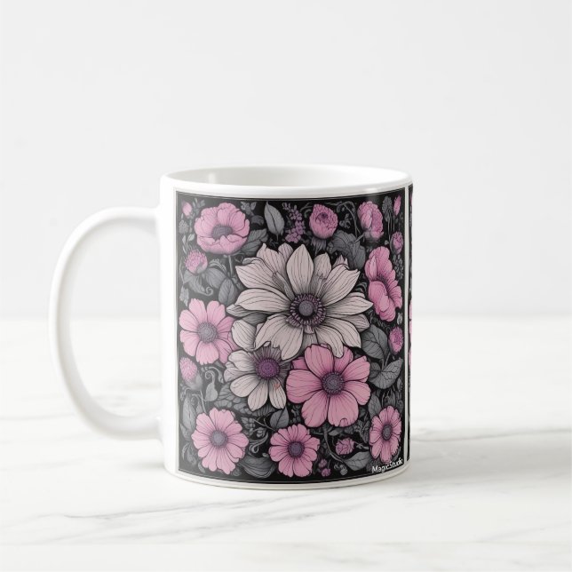 Mug de fleurs roses, noires et blanches (Gauche)