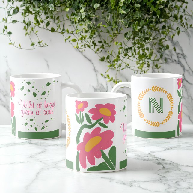 Mug de monogramme floral - Wild at Heart, Green at (Créateur téléchargé)