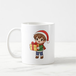 Mug de Noël avec un joli garçon tenant un cadeau