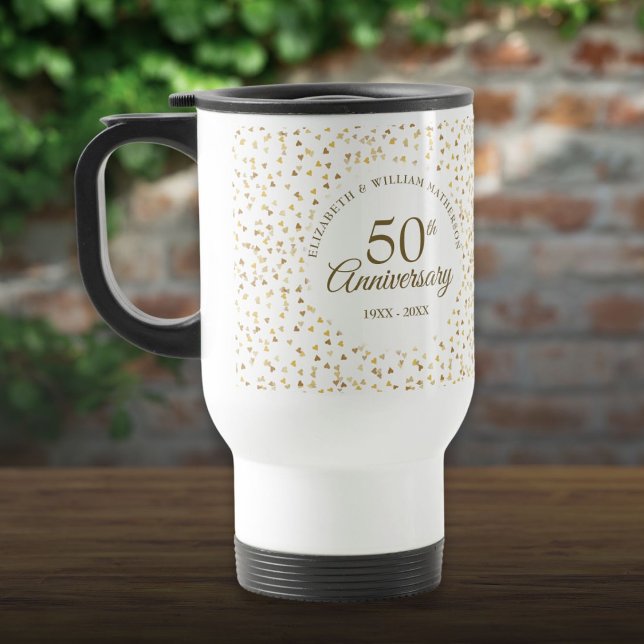 Mug De Voyage 50e anniversaire du Mariage Coeurs d'amour dorés (50th Wedding Anniversary Golden Love Hearts Travel Mug)