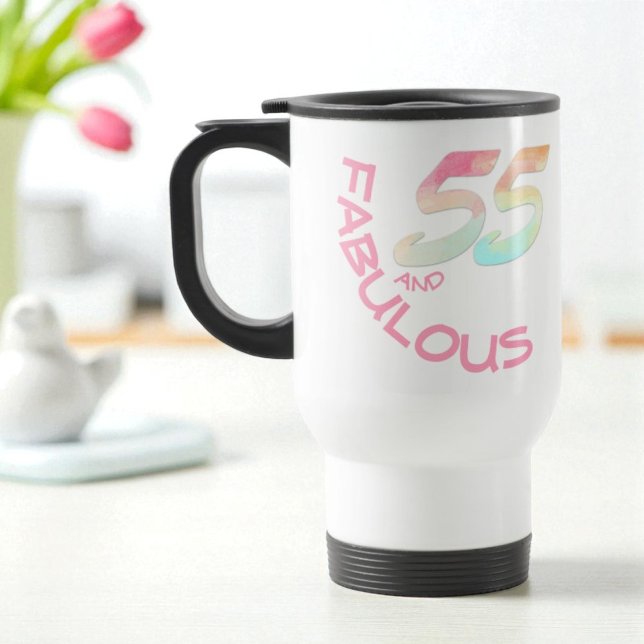 Mug De Voyage 55 et fabuleux Anniversaire Pastel Rainbow Text (Same design on both sides of handle)