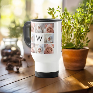 Mug De Voyage 8 Photo Collage personnalisé Monogramme noir et bl