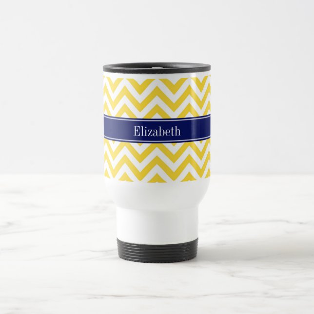 Mug De Voyage Ananas Blanc LG Chevron Marine Nom bleu Monogramme (Centre)